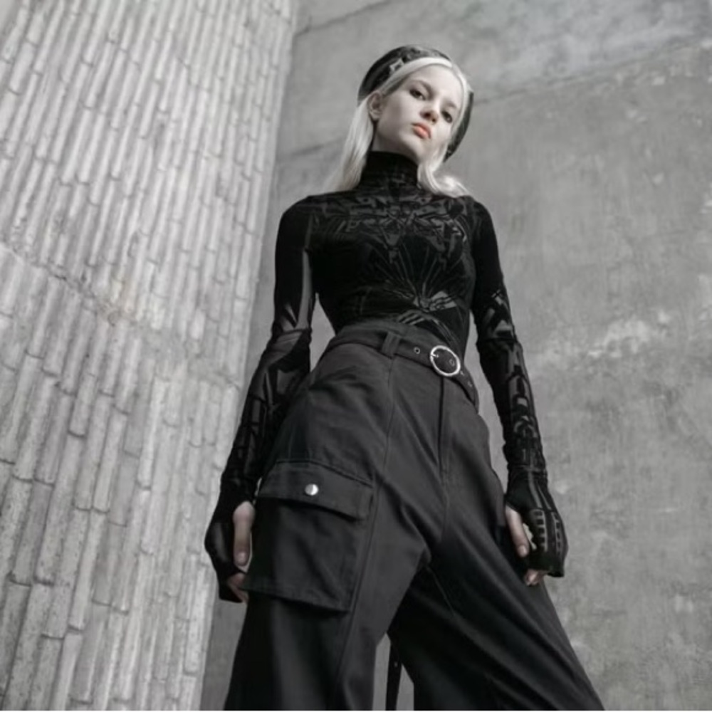 Punk Rave Cyberpunk Robot Goth Mesh Flock Top - Picture 7 of 15